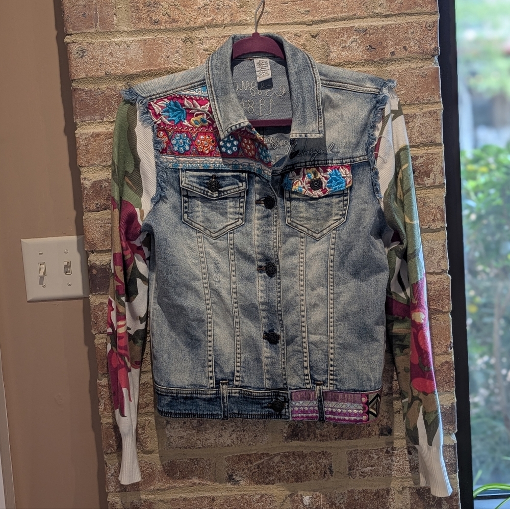 Desigual Embellished Light Wash Denim Jacket with Multicolor Floral Sleeves